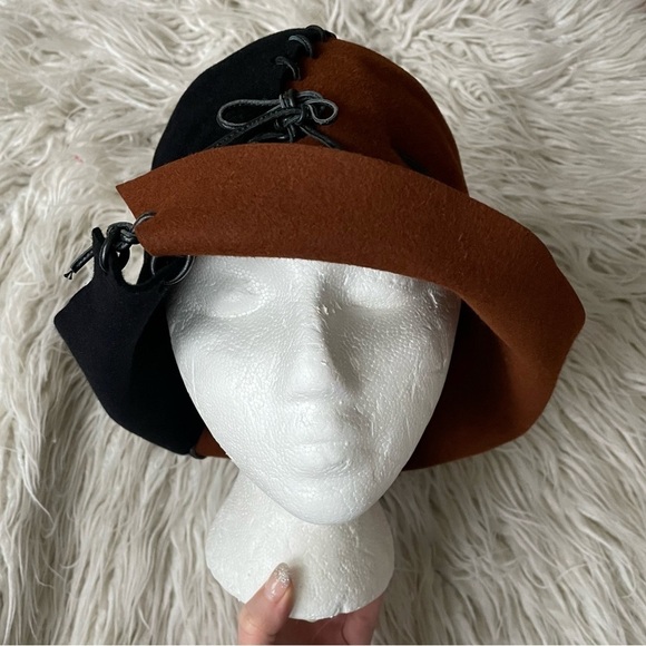 Christine A. Moore Colorblock Brown Black Felt Leather Whipstitch Hat One Size - Picture 1 of 8